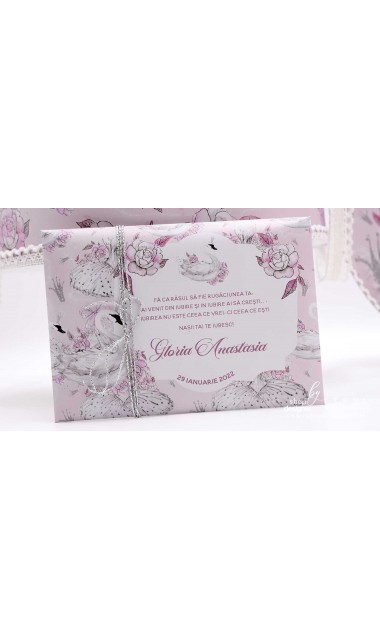 Trusou de botez cu lebede si motive florale personalizat pentru fete, Lebada alba 29